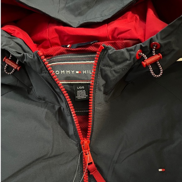 NWT Tommy Hilfiger Womens Navy Blue Hooded Windbreaker Jacket Red Trim Size L - Picture 7 of 7